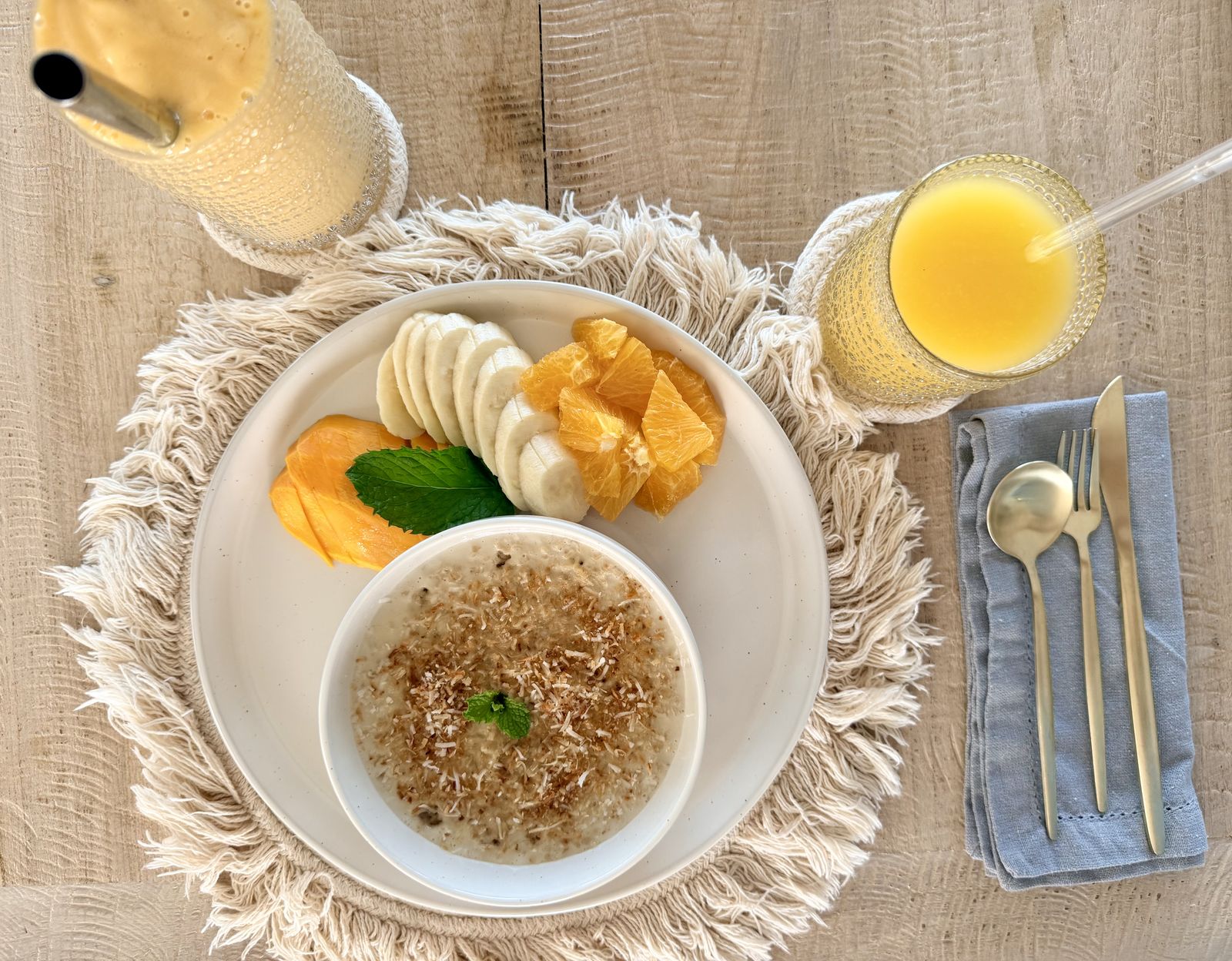 Breakfast at the villa: fresh fruit, oatmeal and orange juice